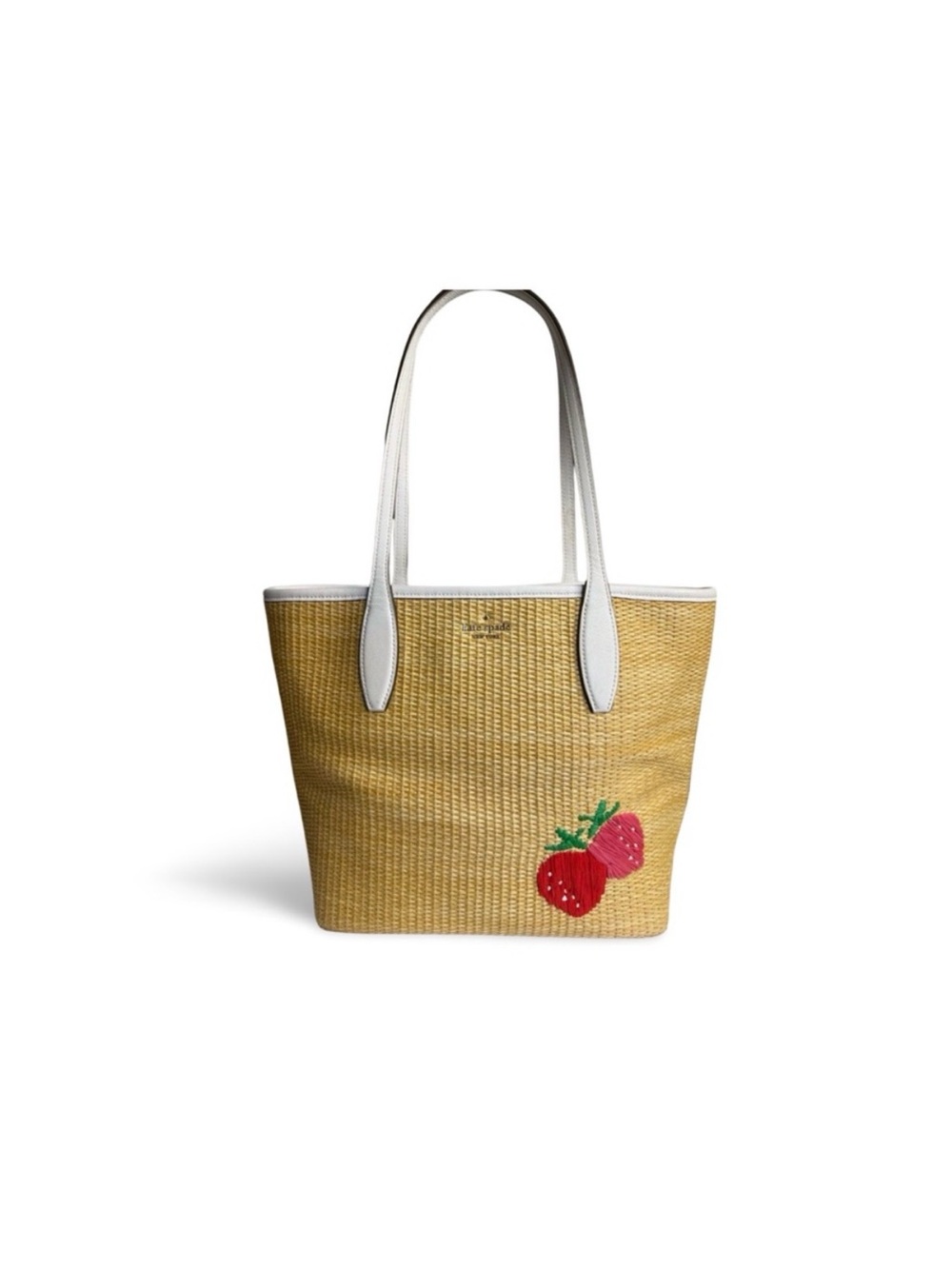 Kate Spade New York Straw Woven Tote White Leather Trim Strawberry
